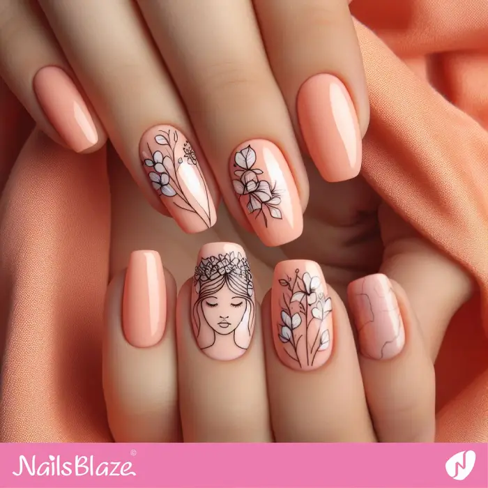 Peach Fuzz Nails with Line Art Woman | Color of the Year 2024 - NB2445